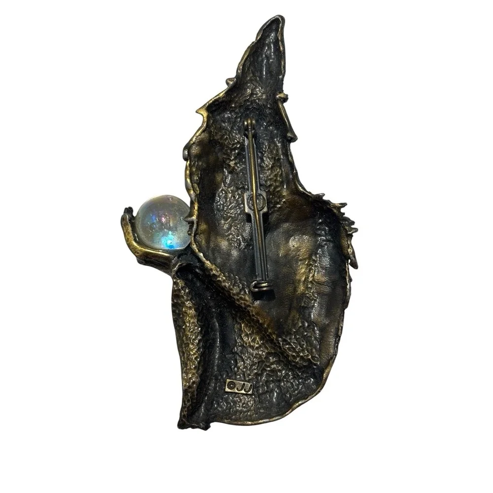 Vintage JJ Jonette Pewter Wizard Merlin Crystal Ball Orb Rhinestone Brooch Pin